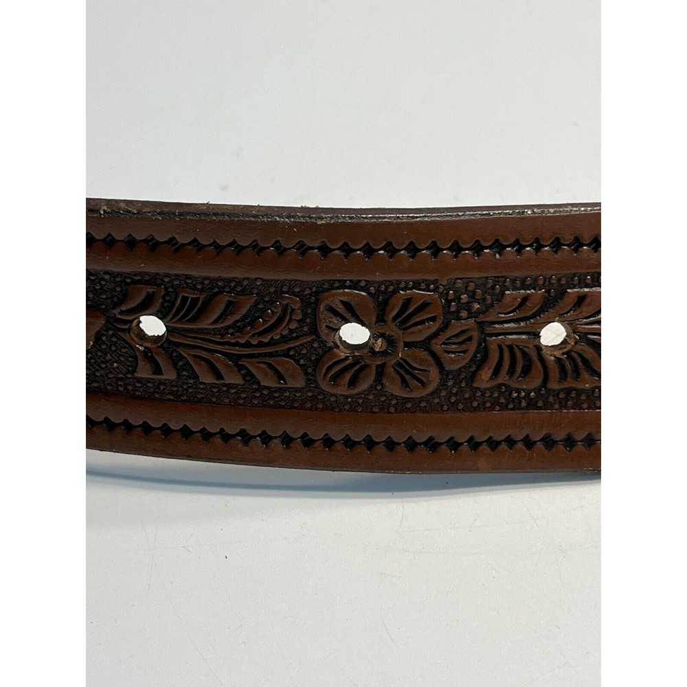 Vintage Brown Floral Embossed Leather Belt w Phoenix Bird Belt Buckle Marked 38 - Picture 7 of 14